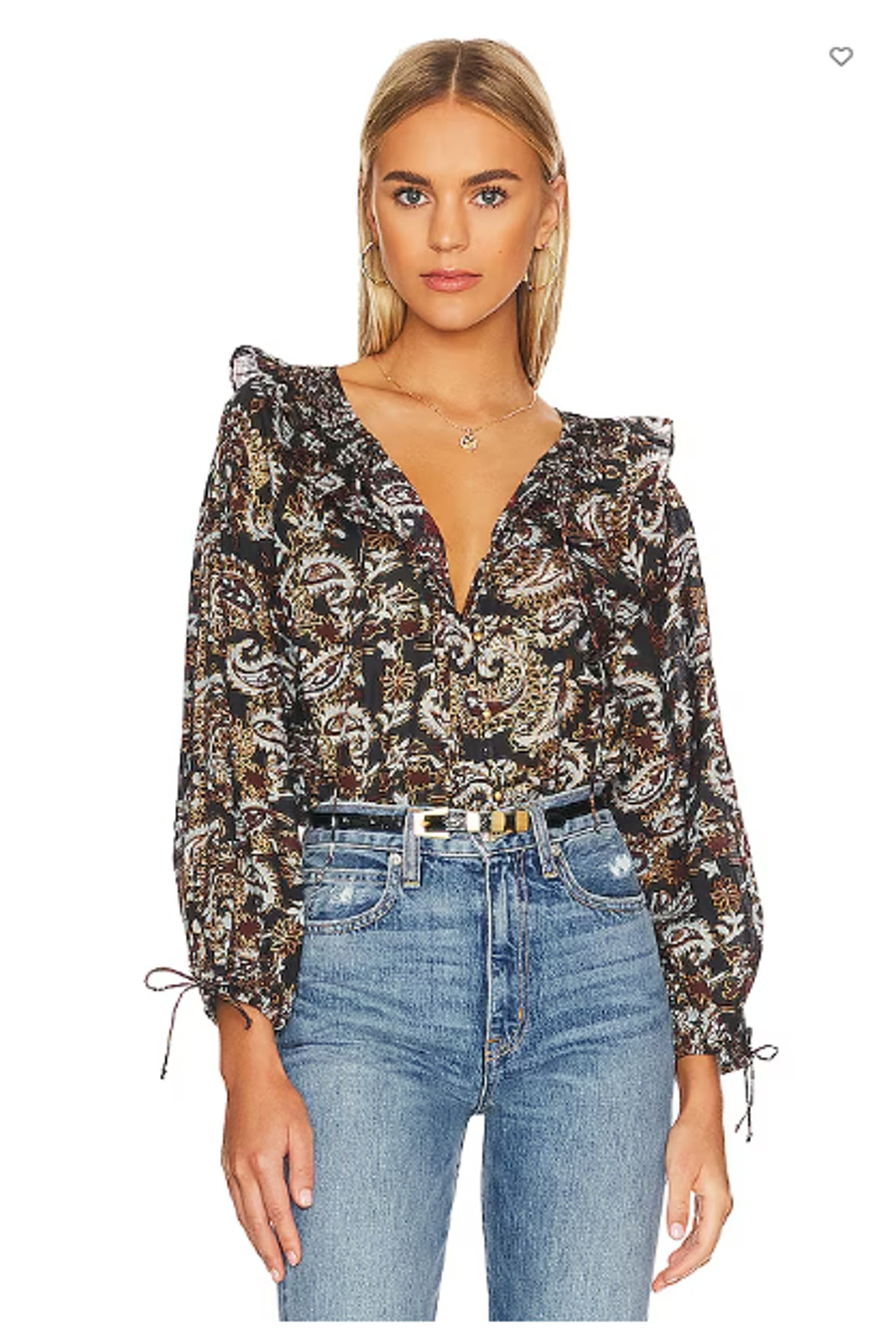CLEOBELLA NWT Jillian Black Brown Paisley Print Organic Cotton Blouse // L